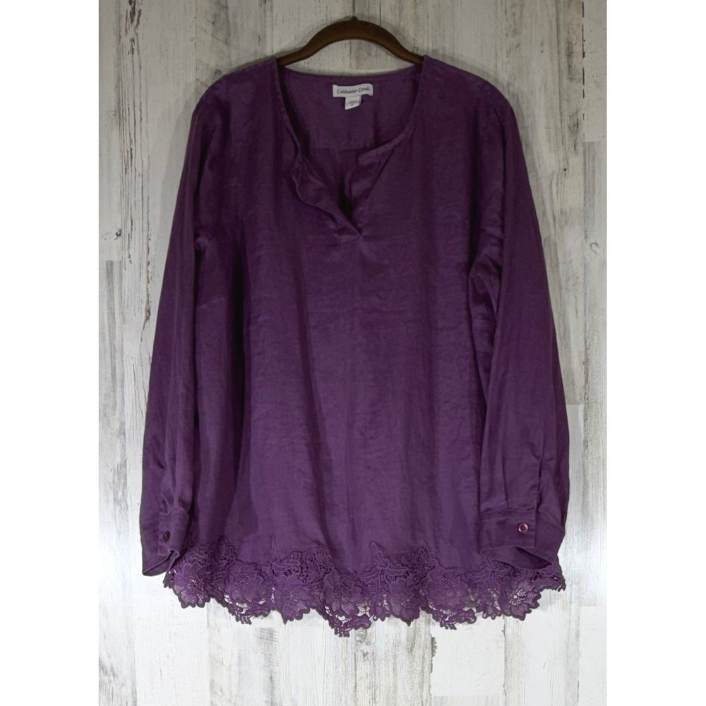 Coldwater‎ Creek Linen Blouse 2X Purple Lace Hem Split Neck Long Sleeve Tunic